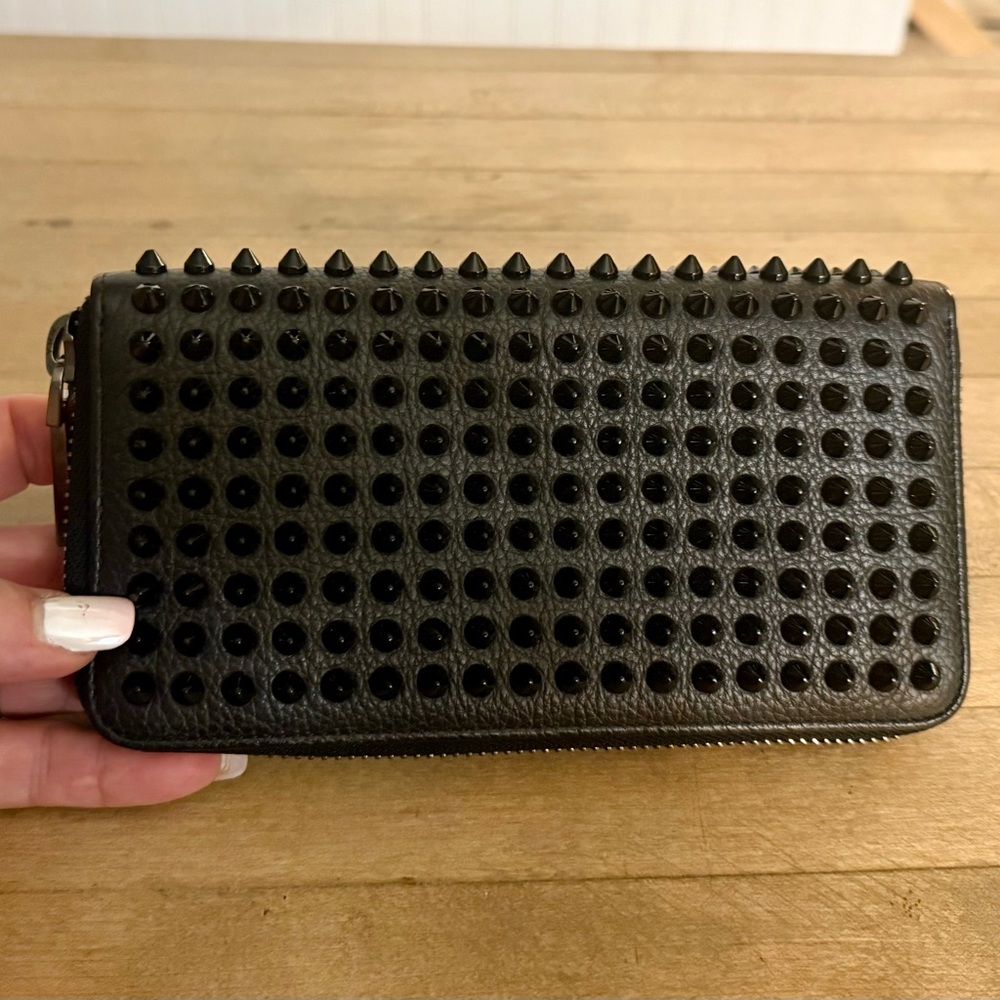 Christian Louboutin Black Calfskin Leather Panettone Spiked Zip Around Wallet